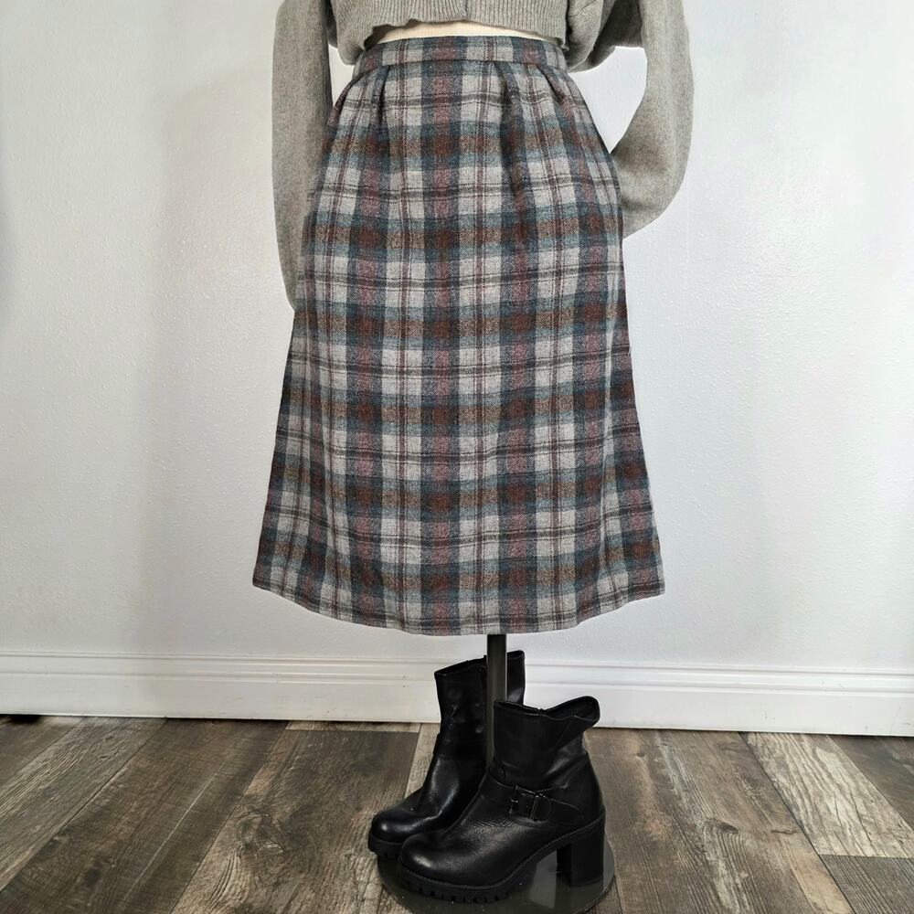 26 Waist Vintage Wool Plaid Pleated Skirt High Waist Pockets Dark Academia XS